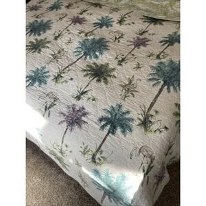 Tropical Quilted Coverlet Queen Size 88"x98" Reversible Palm‎ Trees Flamingoes